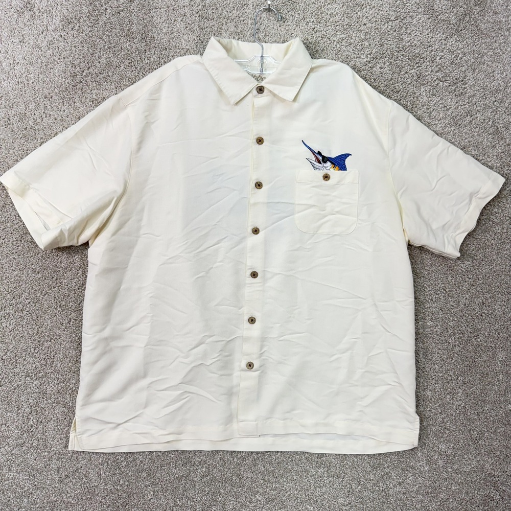 Caribbean Camp Shirt Mens XL Cream Booze Brothers Marlin Embroidered Rayon Blend